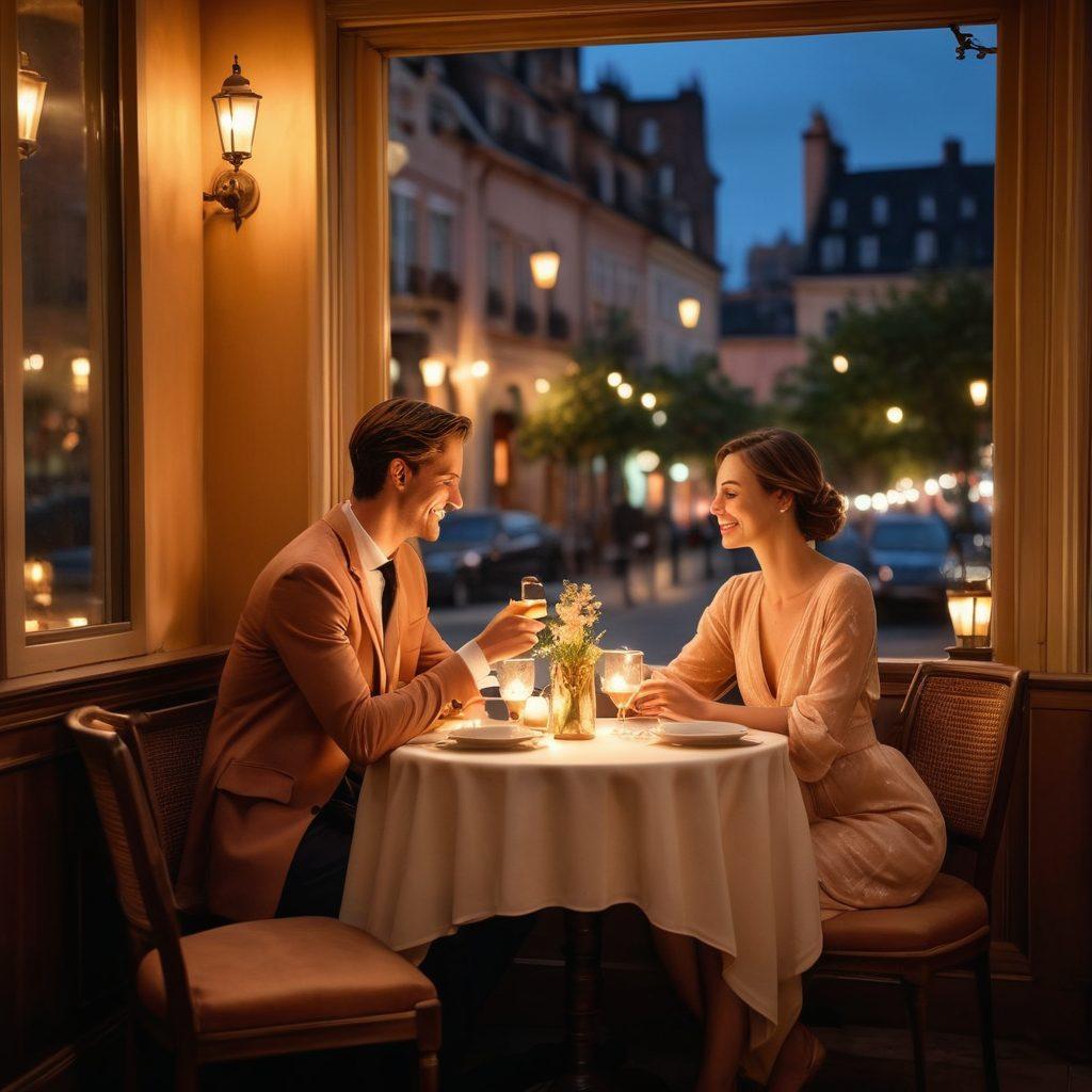 A captivating scene of two elegantly dressed individuals in a cozy, dimly-lit café, sharing laughter and a subtle touch of hands across the table. Surrounding them are soft, glowing candlelight, and a backdrop of romantic city lights through a window. The atmosphere is infused with a sense of intrigue and flirtation, featuring delicate floral arrangements on the table. The color palette should be warm and inviting, enhancing the theme of seduction. super-realistic. warm tones. soft focus.