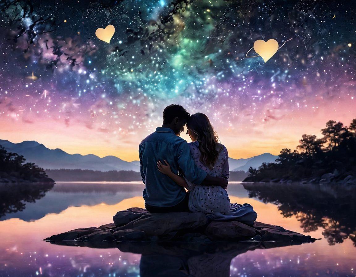 A warm, intimate scene showing a couple sitting close together under a starlit night sky, their hands gently intertwined, surrounded by soft glowing lights that symbolize their emotional bond. In the background, silhouettes of hearts and soft pastel colors enhance the romantic atmosphere. super-realistic. vibrant colors. dreamy ambiance.
