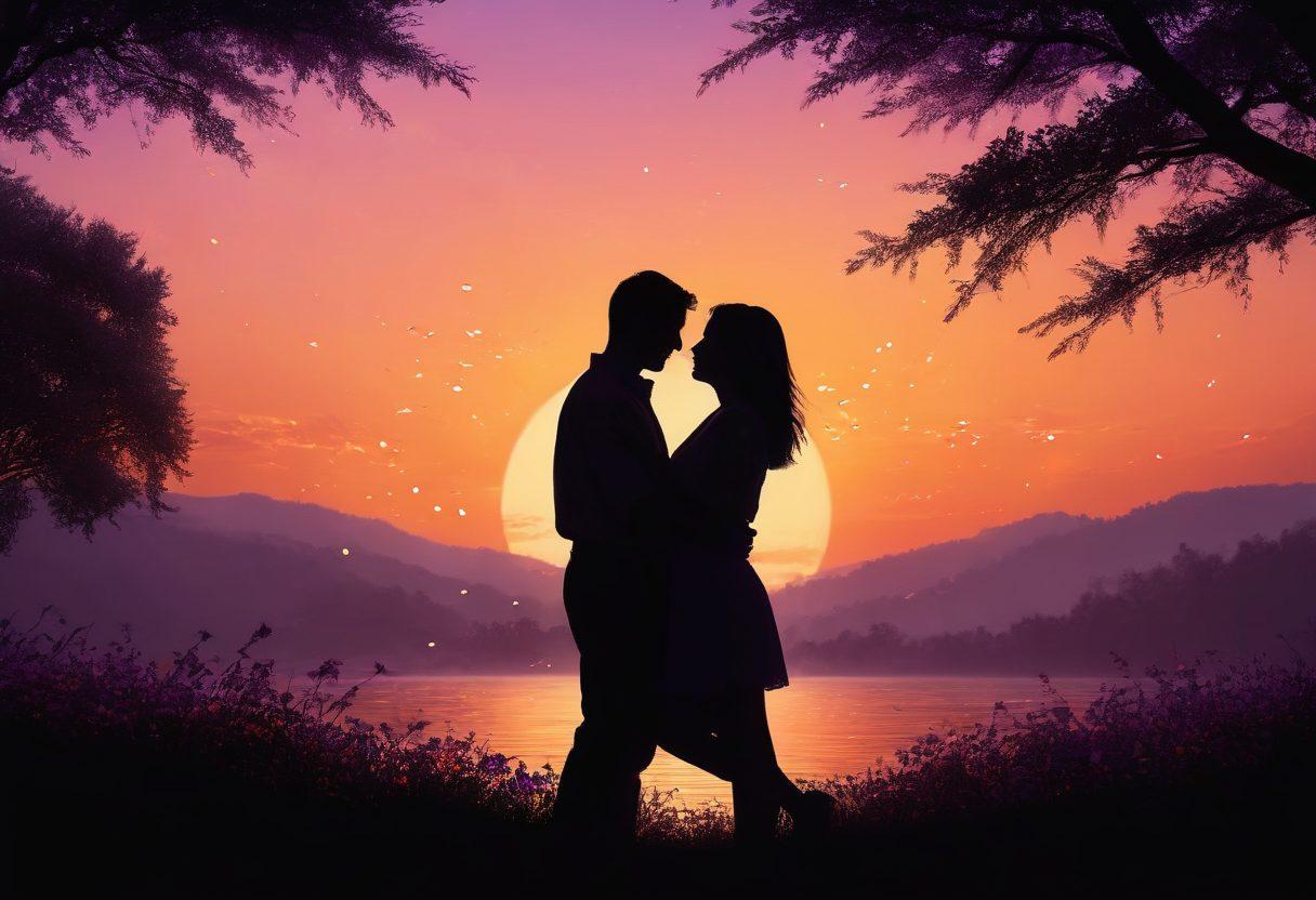 A couple passionately embracing under a radiant sunset, their silhouettes glowing with warmth and affection. Surround them with soft, flickering lights resembling fireflies, symbolizing ignited passion. Include blooming flowers in the foreground to represent romantic encounters, and a gentle breeze making the scene feel alive. The background should be a soft gradient of oranges and purples, evoking a dreamy atmosphere. super-realistic. vibrant colors. romantic ambiance.